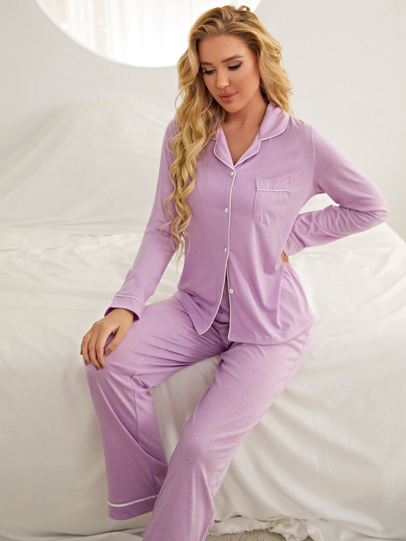 2PCS Woman Pajama Set Long Sleeve Button Down Nightwear Soft Lounge Set Sai Feel