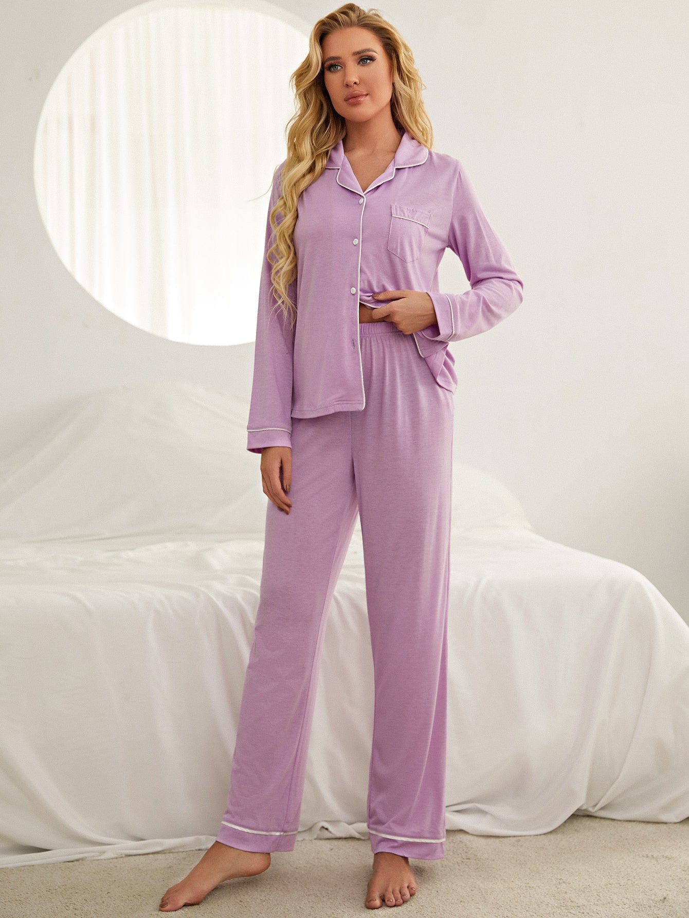 2PCS Woman Pajama Set Long Sleeve Button Down Nightwear Soft Lounge Set Sai Feel