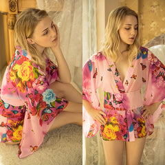 2PCS Women's Floral Print Sheer Chiffon Loose Kimono Cardigan Capes Pajamas with Thongs,G-String Set Sai Feel