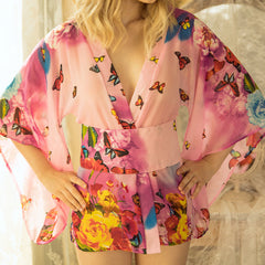 2PCS Women's Floral Print Sheer Chiffon Loose Kimono Cardigan Capes Pajamas with Thongs,G-String Set Sai Feel