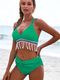 2pcs High Waist Triangle Bikini Set Tassel Bow-knot Dual Straps Swimwear Bathing Suit Sai Feel