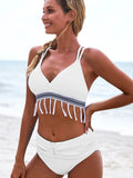 2pcs High Waist Triangle Bikini Set Tassel Bow-knot Dual Straps Swimwear Bathing Suit Sai Feel