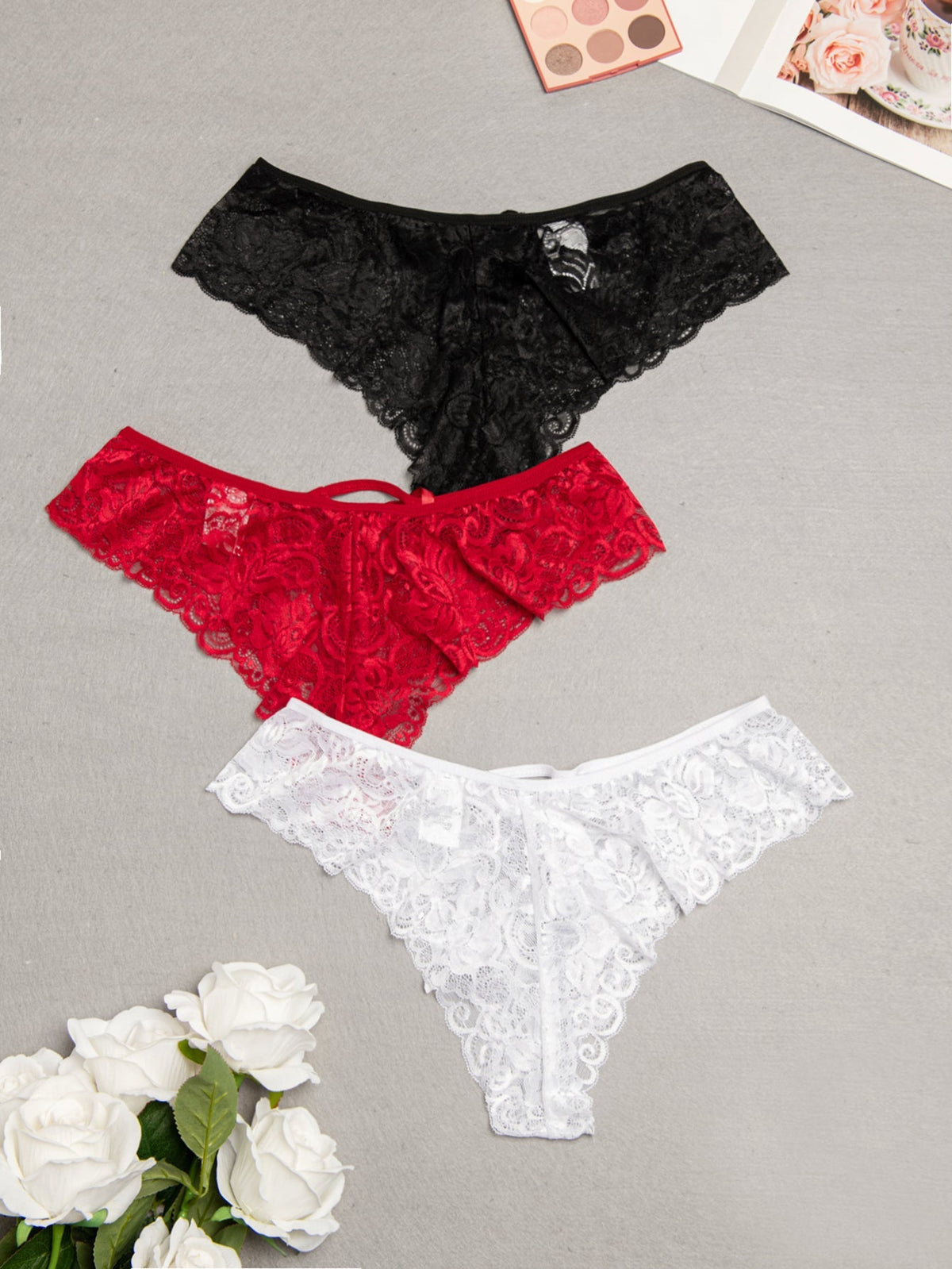 3PCS Plus Size Pack Woman Sexy Lace Flowers Panties Sai Feel