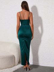 Boning Underwire Draped Collar Split Backless Satin Cami Dress