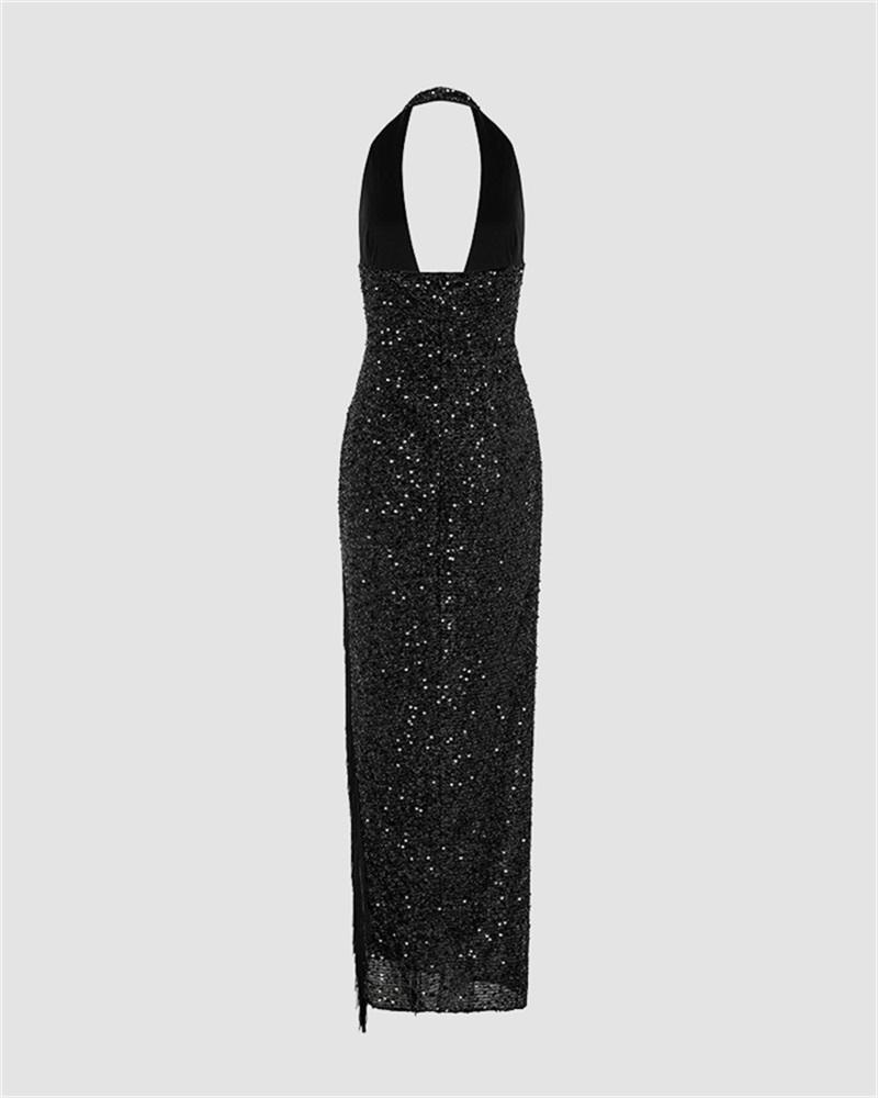 V-Neck Sequin Side Slit Dress