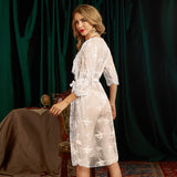 4PCS Embroidery Mesh Belted Sleep Robe With G-string Sai Feel
