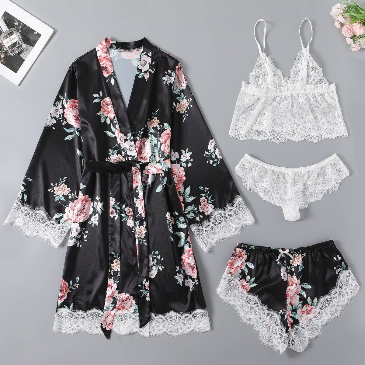 4PCS Floral Print Belted Satin Night Set Sai Feel