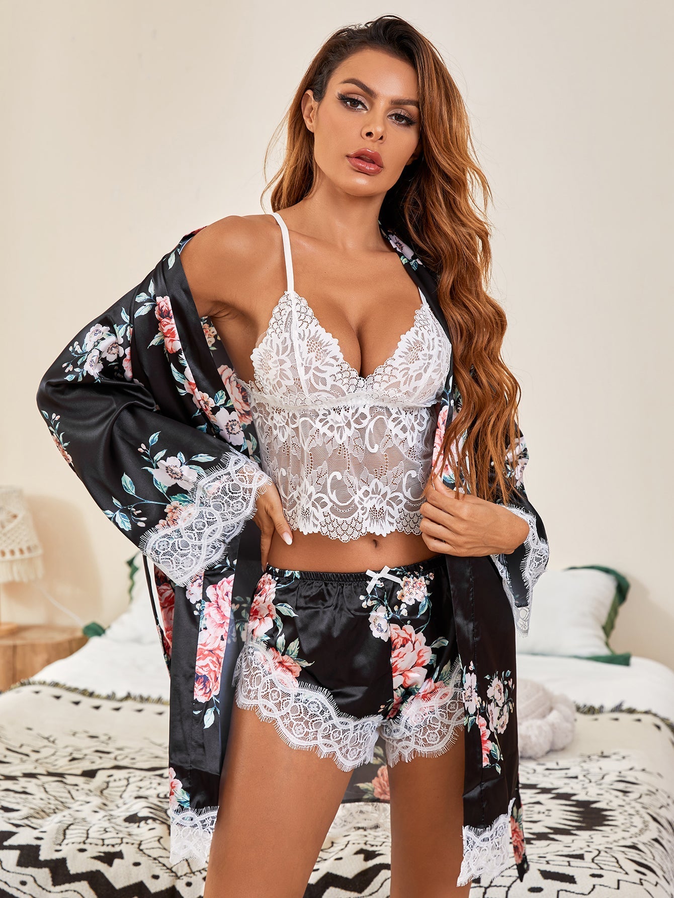 4PCS Floral Print Belted Satin Night Set Sai Feel