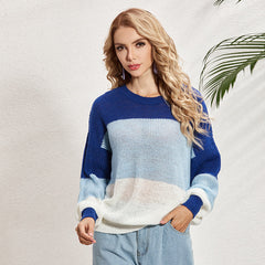 Women Fashion Warm Sweater Round Neck Long Sleeve Stripe Casual Sweaters Plus Size Knitted Fleece Pullovers