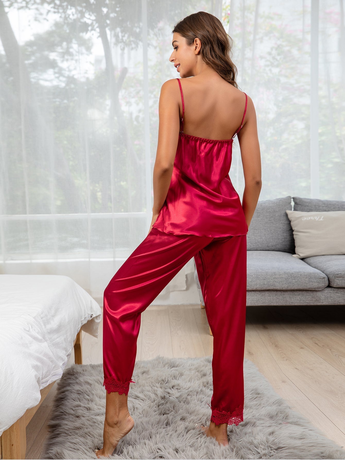 5pcs Sexy pajamas women's summer thin ice silk long sleeve hanging robe five piece suit can be worn out with chest cushion Sai Feel