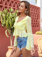 V neck wave point short flared sleeve top sexy pop up shirt women bandage blouse multicolor