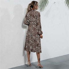 Women Fashion V Neck Flare Sleeve Halter Slim Leopard Printing Dress