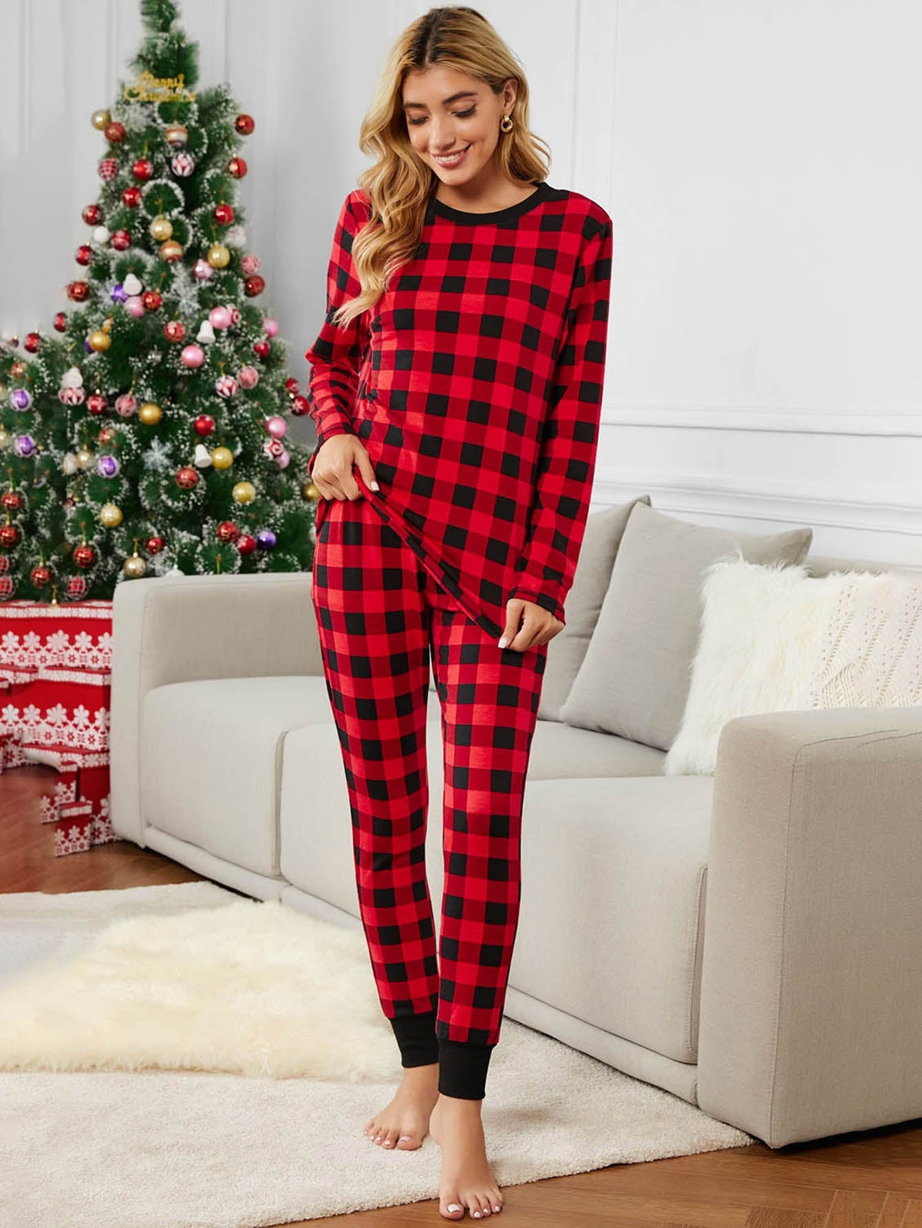 Casual Plaid 2 Pieces Set Crewneck Long Sleeve Top Trousers Loungewear Pajamas Set