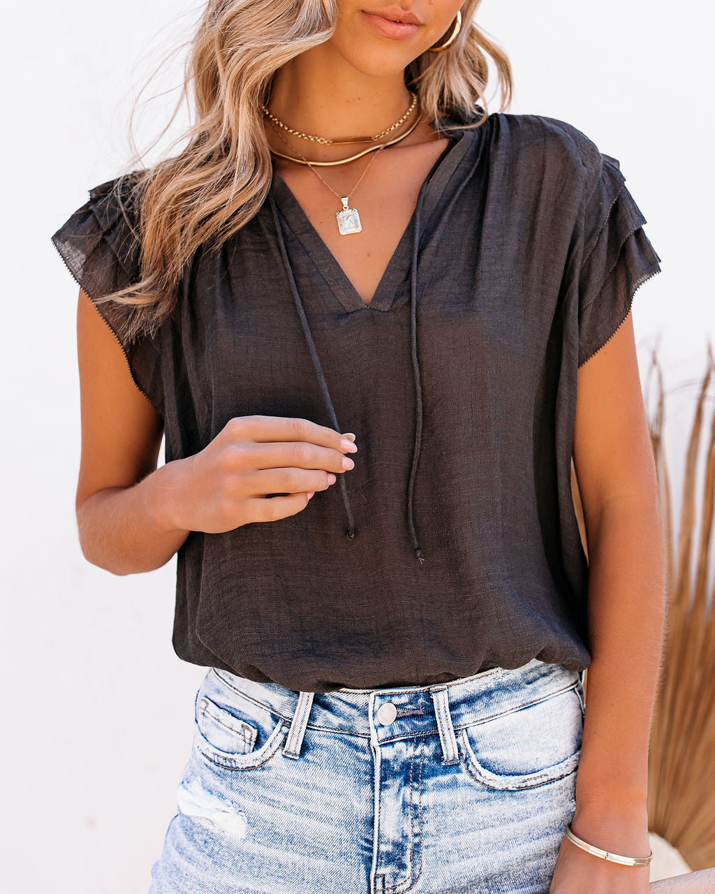 All A Dream Woven Flutter Top - Coal