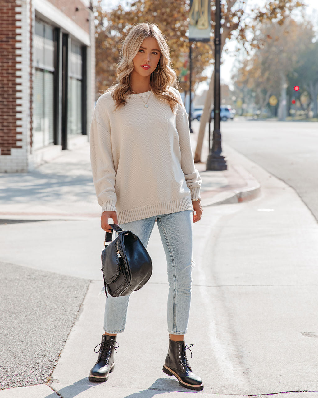 Acacia Cotton Crew Neck Sweater - Pale Beige - FINAL SALE