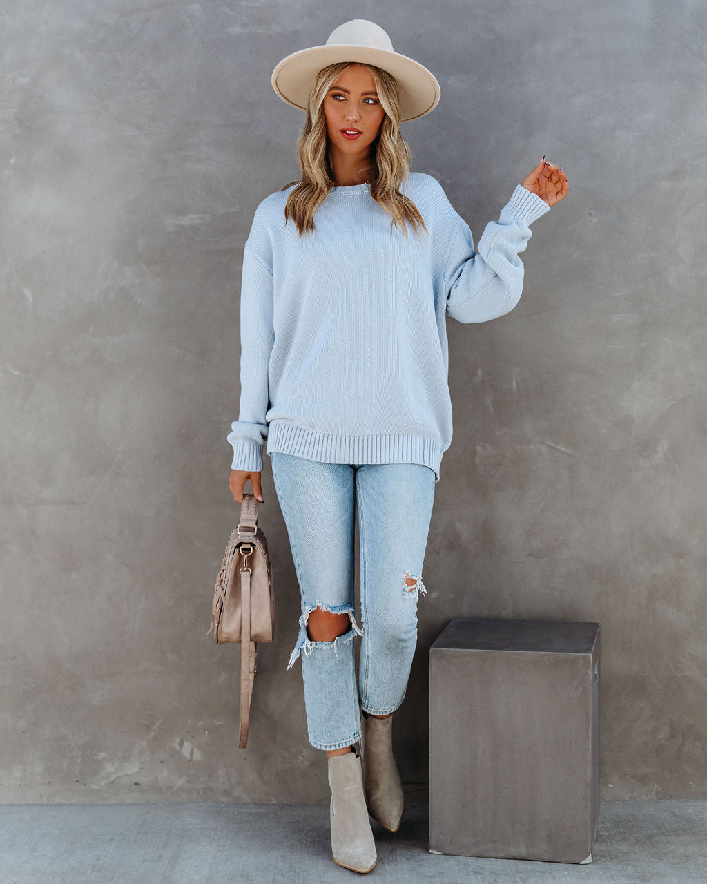 Acacia Cotton Crew Neck Sweater - Light Blue