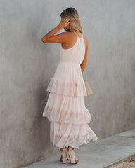 Affection Pleated Tiered Lace Maxi Dress - Blush