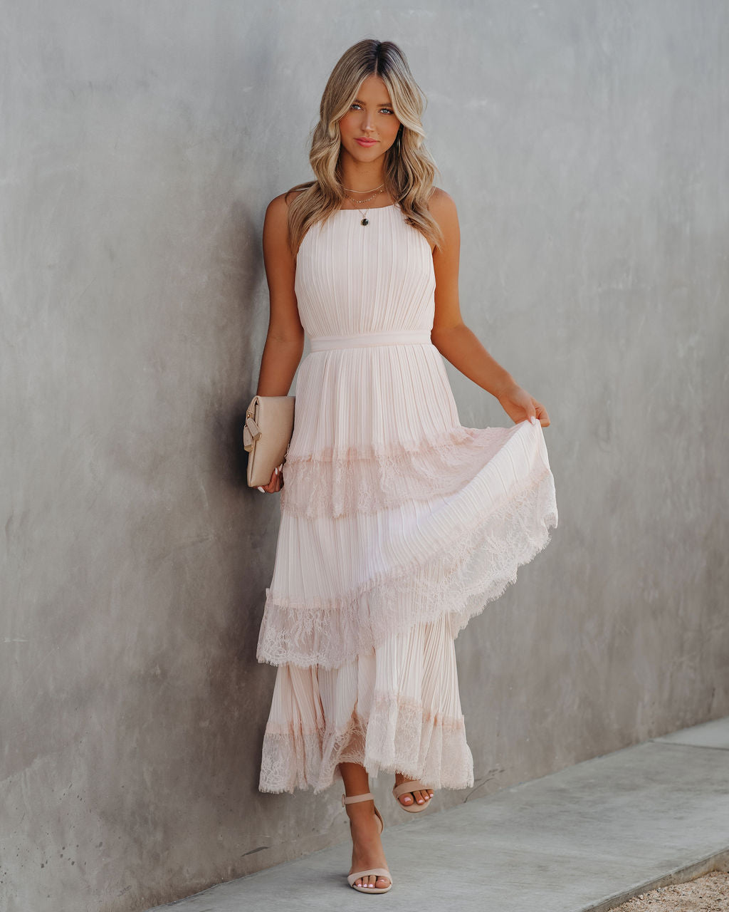 Affection Pleated Tiered Lace Maxi Dress - Blush