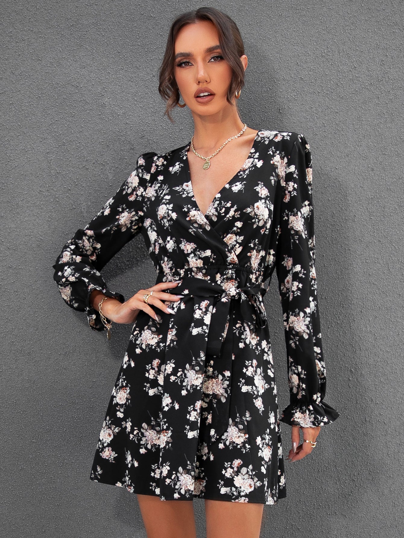 All Over Floral Print Belted Dress Sai Feel
