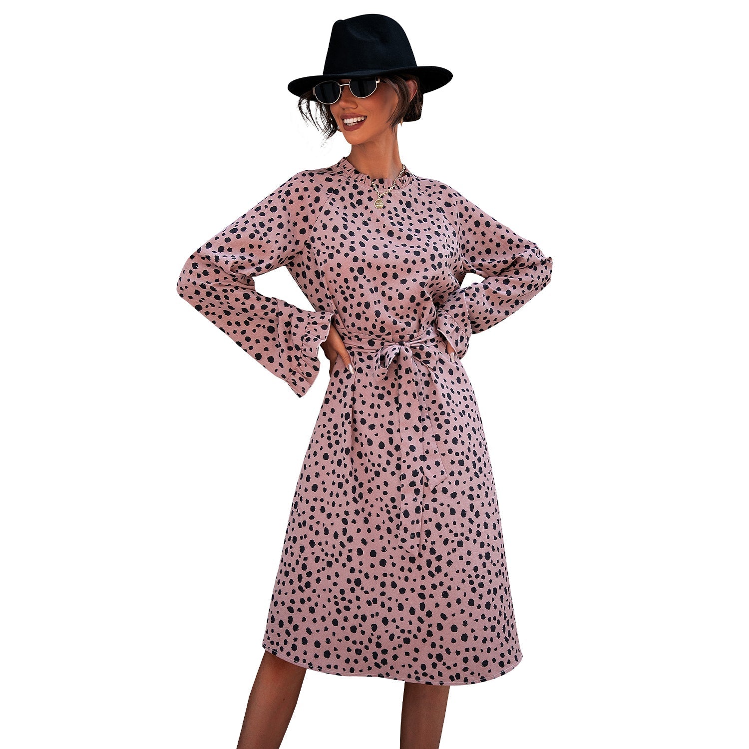 All Over Leopard Print Flounce Sleeve Belted Dress Sai Feel