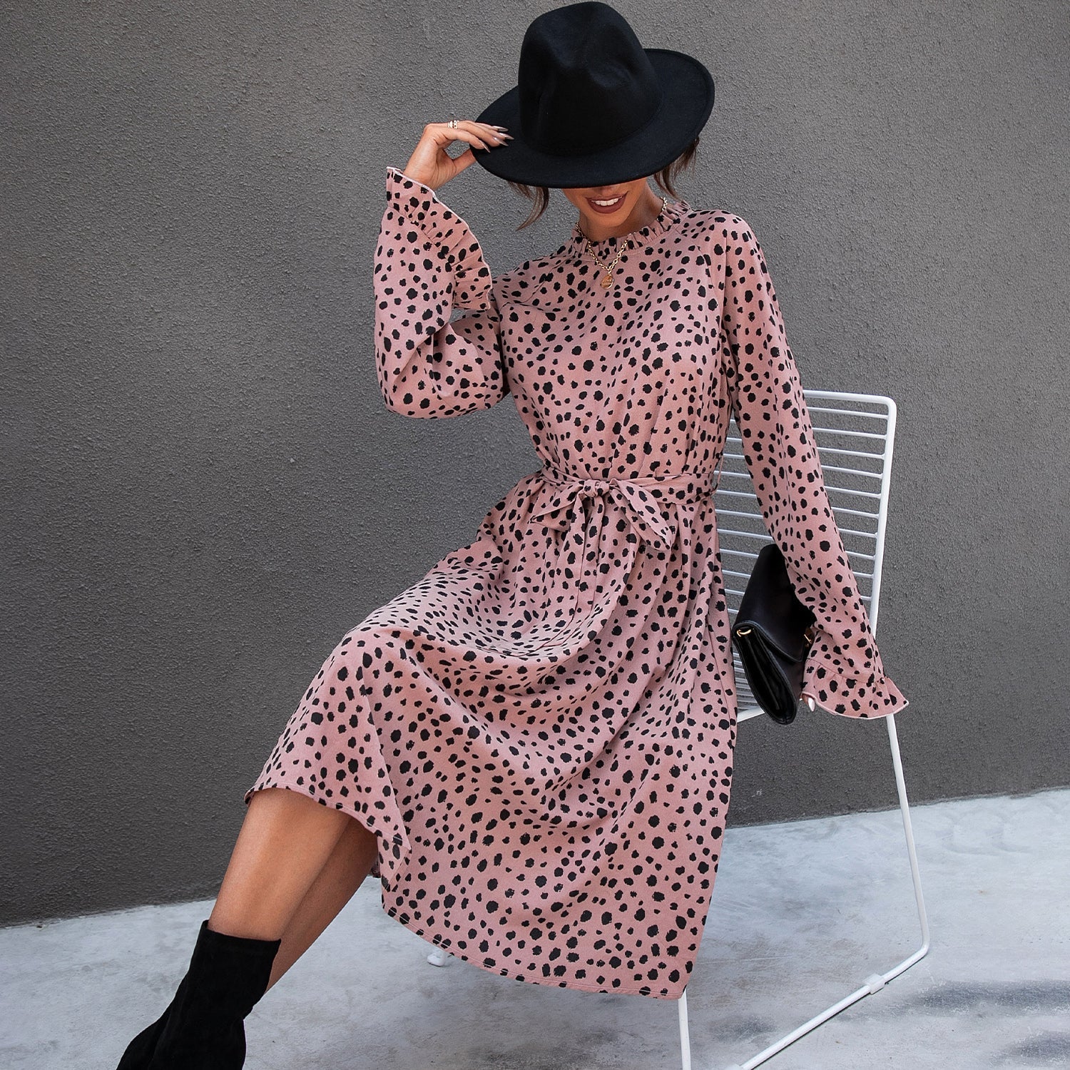 All Over Leopard Print Flounce Sleeve Belted Dress Sai Feel