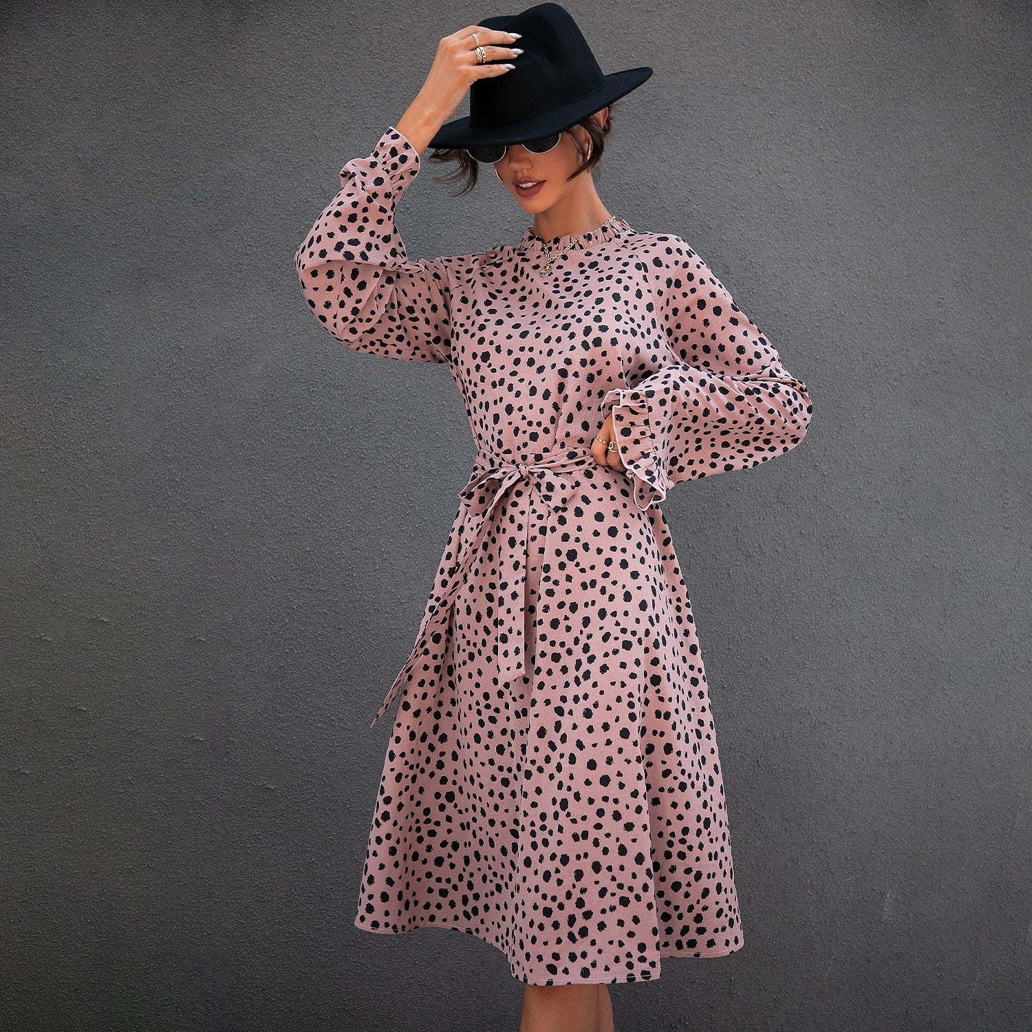 All Over Leopard Print Flounce Sleeve Belted Dress Sai Feel