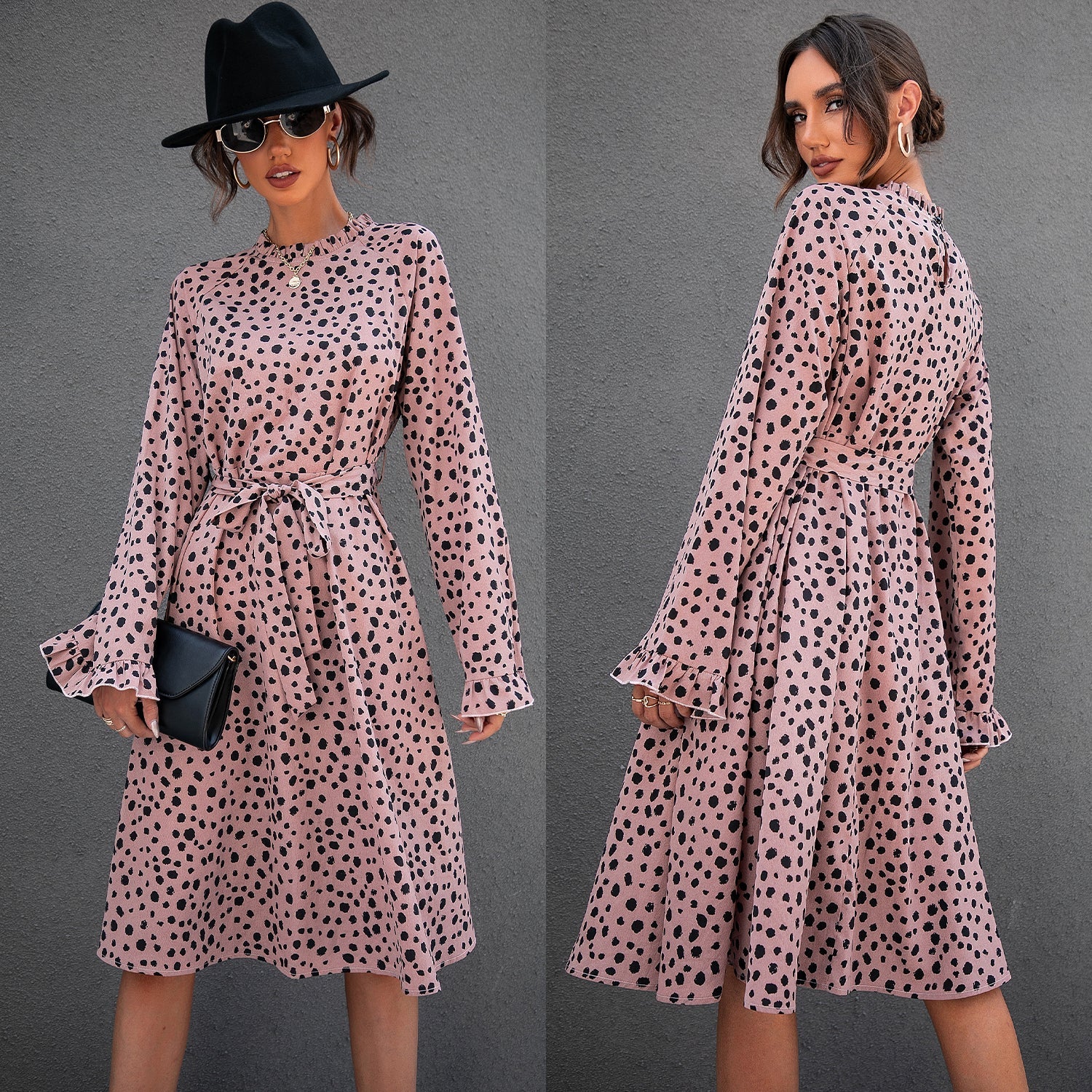 All Over Leopard Print Flounce Sleeve Belted Dress Sai Feel