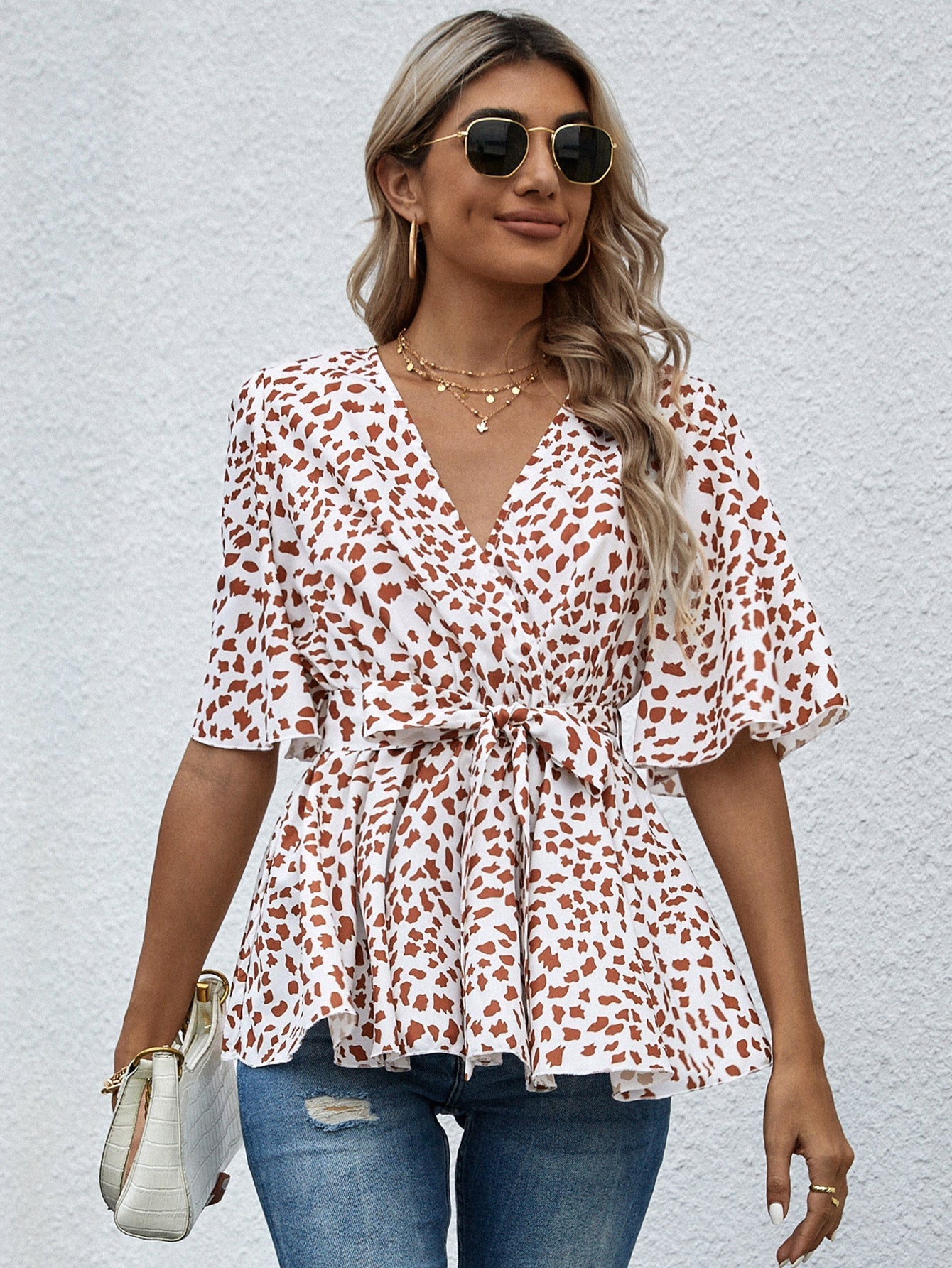 All Over Print Surplice Neck Butterfly Sleeve Belted Top Sai Feel