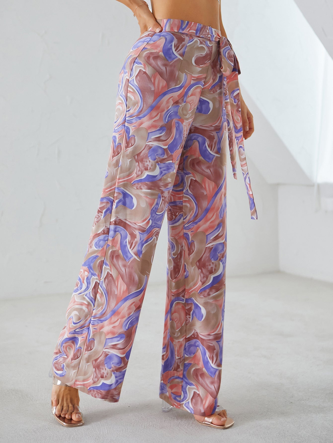 All Over Print Wide Leg Belted Pants Sai Feel