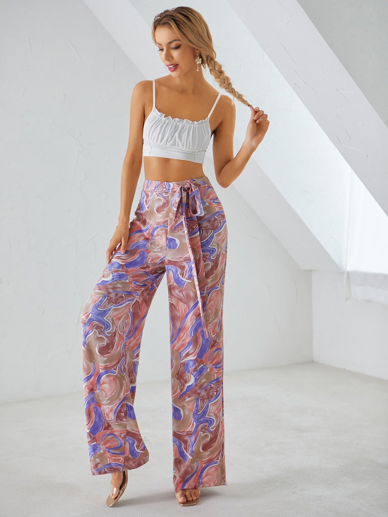 All Over Print Wide Leg Belted Pants Sai Feel