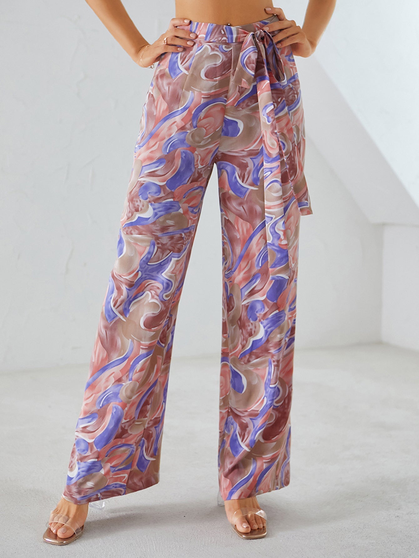 All Over Print Wide Leg Belted Pants Sai Feel