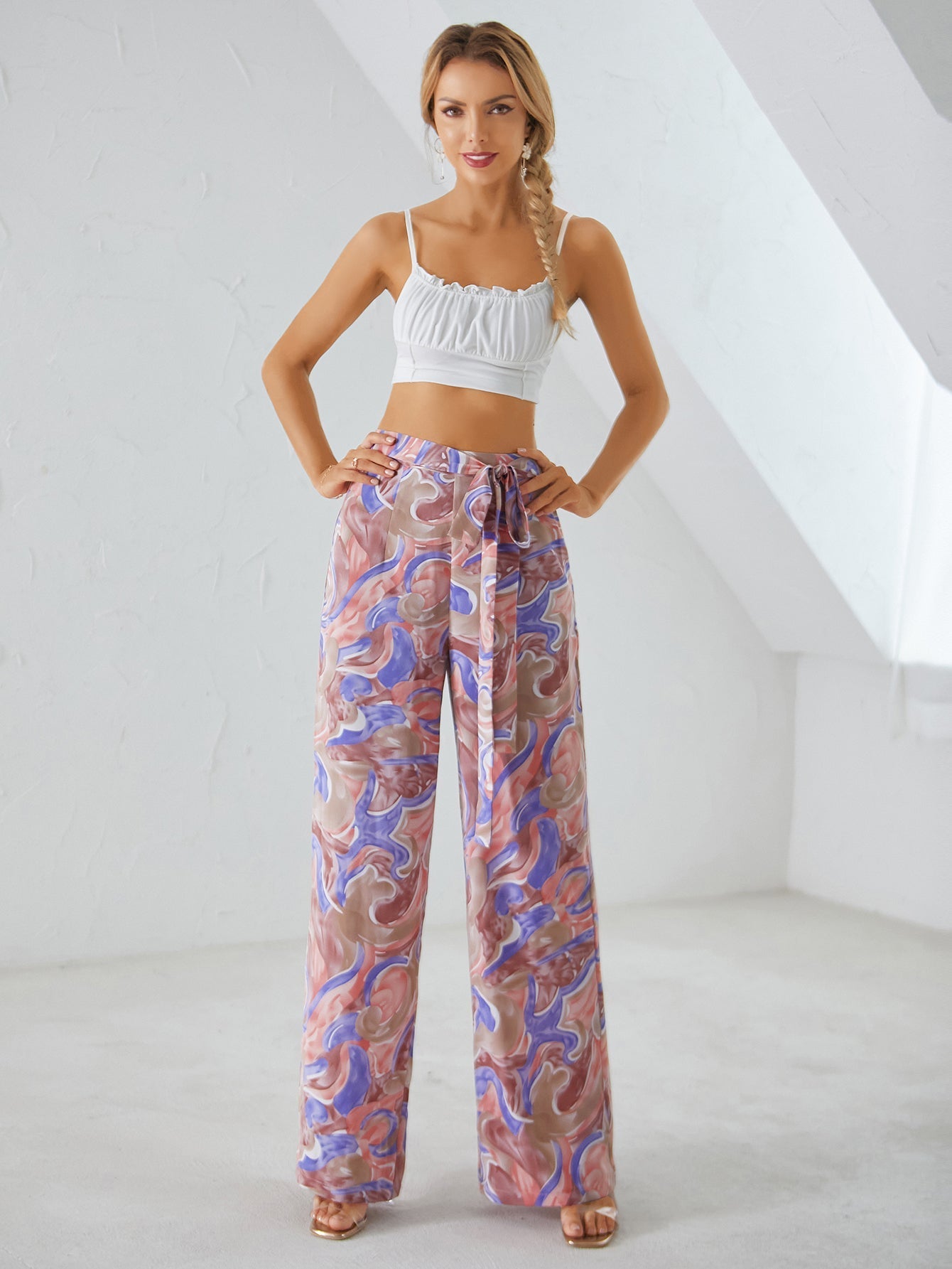 All Over Print Wide Leg Belted Pants Sai Feel