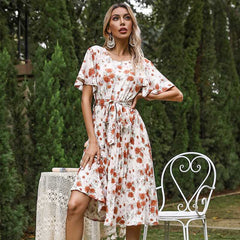 Allover Floral Butterfly Sleeve Belted Pleated Dress Sai Feel