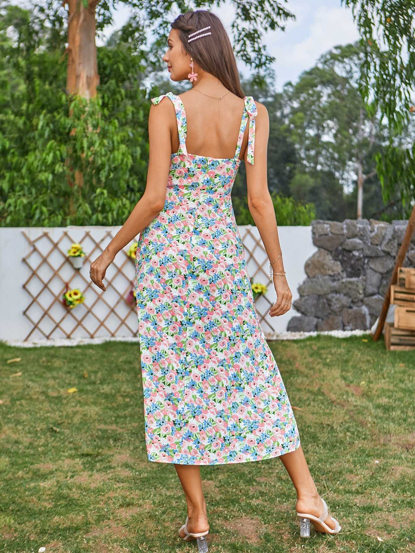 Allover Floral Print Split Thigh Tie Shoulder Cami Dress Sai Feel