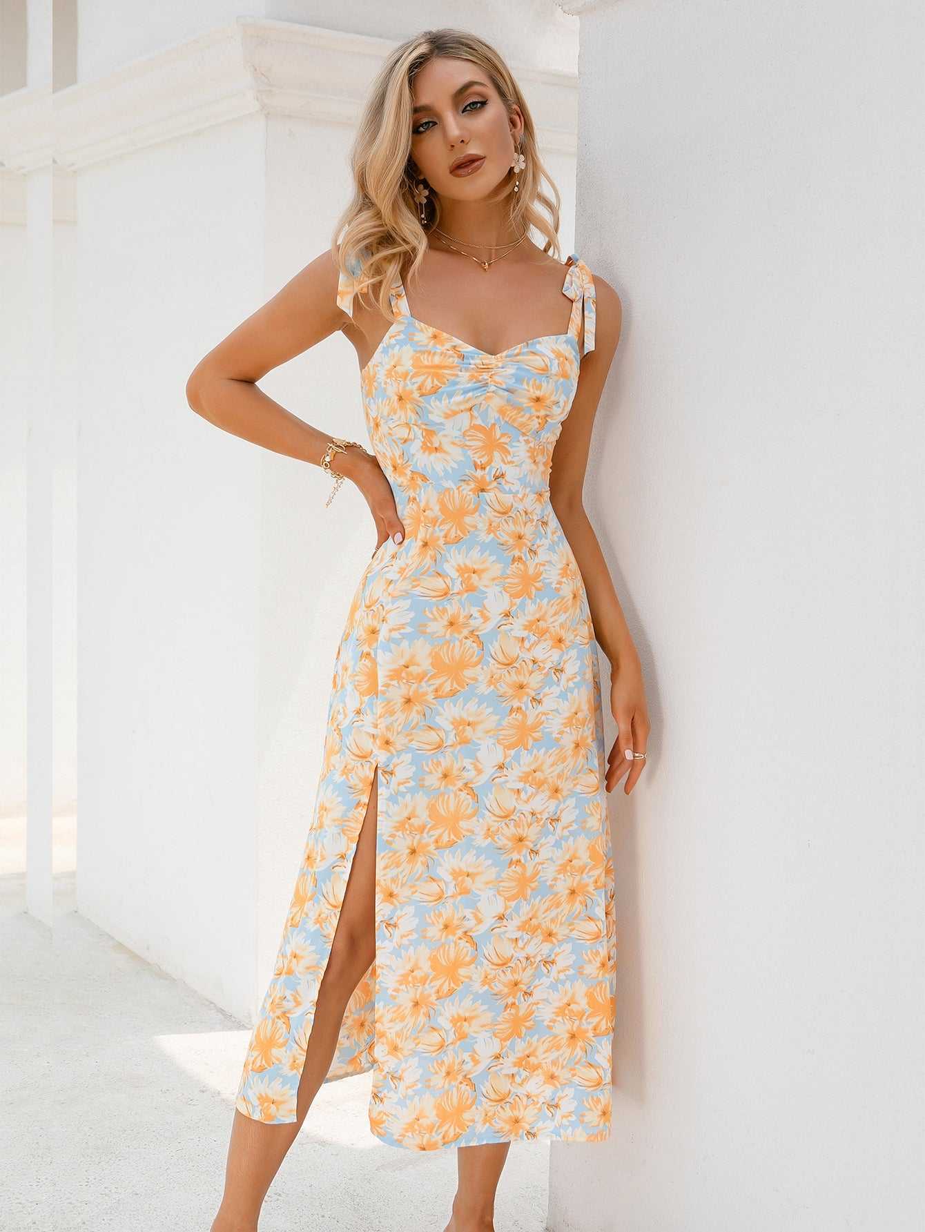 Allover Floral Print Split Thigh Tie Shoulder Cami Dress Sai Feel