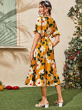 Allover Floral Print Surplice Neck Ruffle Hem Dress Sai Feel
