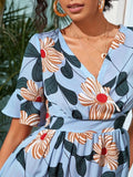 Allover Floral Print Surplice Neck Ruffle Hem Dress Sai Feel