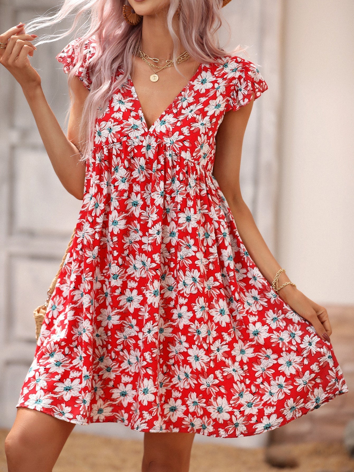 Allover Print V Neck Smocked Flare Dress Sai Feel