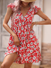 Allover Print V Neck Smocked Flare Dress Sai Feel