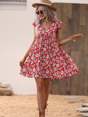 Allover Print V Neck Smocked Flare Dress Sai Feel