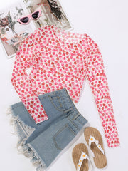 Allover Sweetheart Print See Through Mesh Top Sai Feel