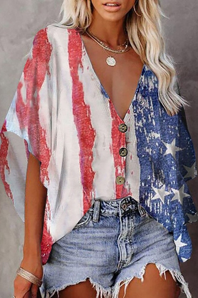 American Flag Print Batwing Sleeve Blouse Sai Feel