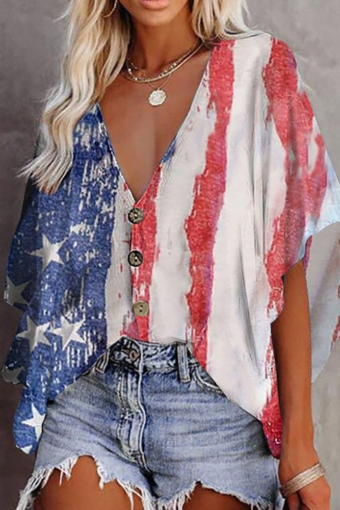 American Flag Print Batwing Sleeve Blouse Sai Feel