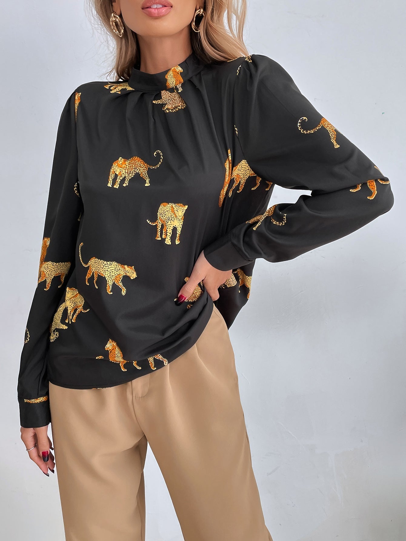 Animal Print Mock Sleeve Blouse Sai Feel