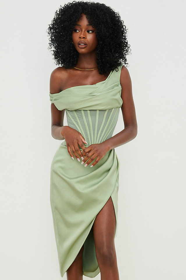 Asymmetric Drape Midi Corset Dress Sai Feel