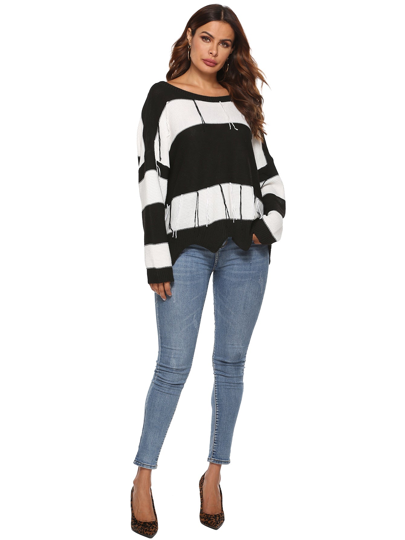 Asymmetrical Hem Tassel Striped Backless Sweater Sai Feel