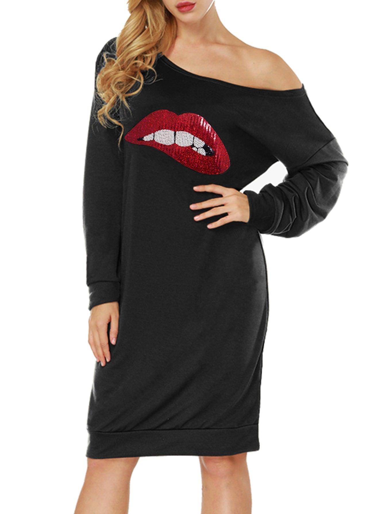 Asymmetrical Neck Sequins Lip Pattern Dress Sai Feel