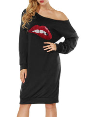 Asymmetrical Neck Sequins Lip Pattern Dress Sai Feel