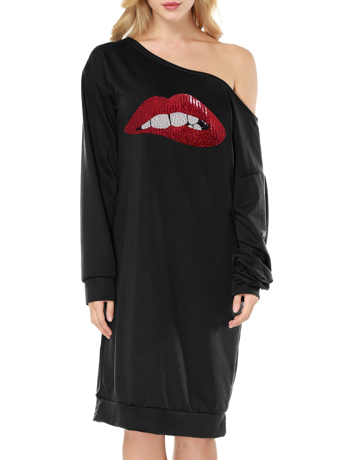 Asymmetrical Neck Sequins Lip Pattern Dress Sai Feel