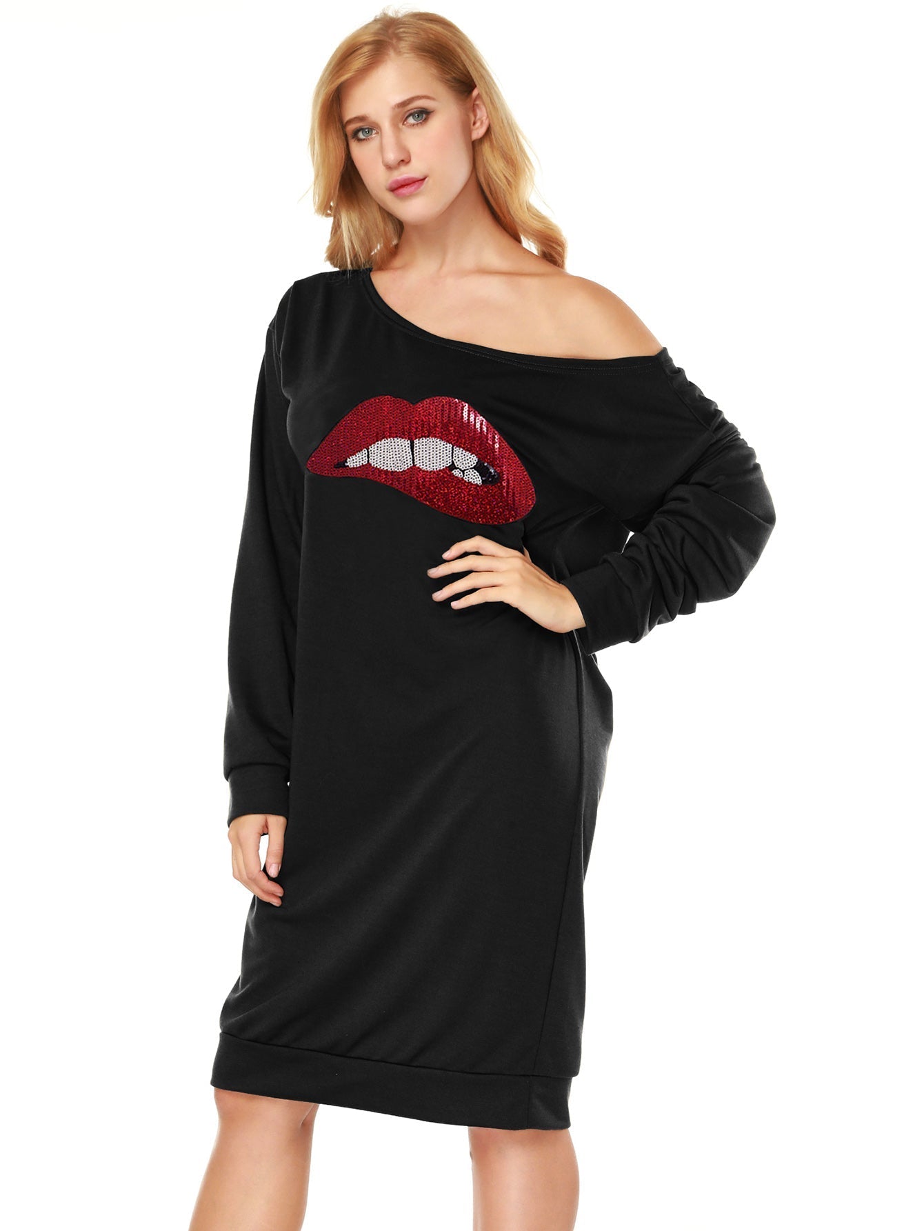 Asymmetrical Neck Sequins Lip Pattern Dress Sai Feel